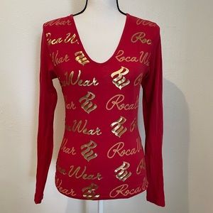 ROCAWEAR Vintage Y2K Gold Letters Low Neck Long Sleeve Shirt Red M